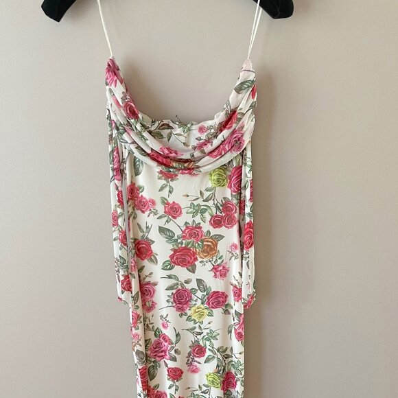 Anthropologie AFRM Off-The-Shoulder Maxi Dress Pink Roses Body-Con XXS Petite - Picture 8 of 10